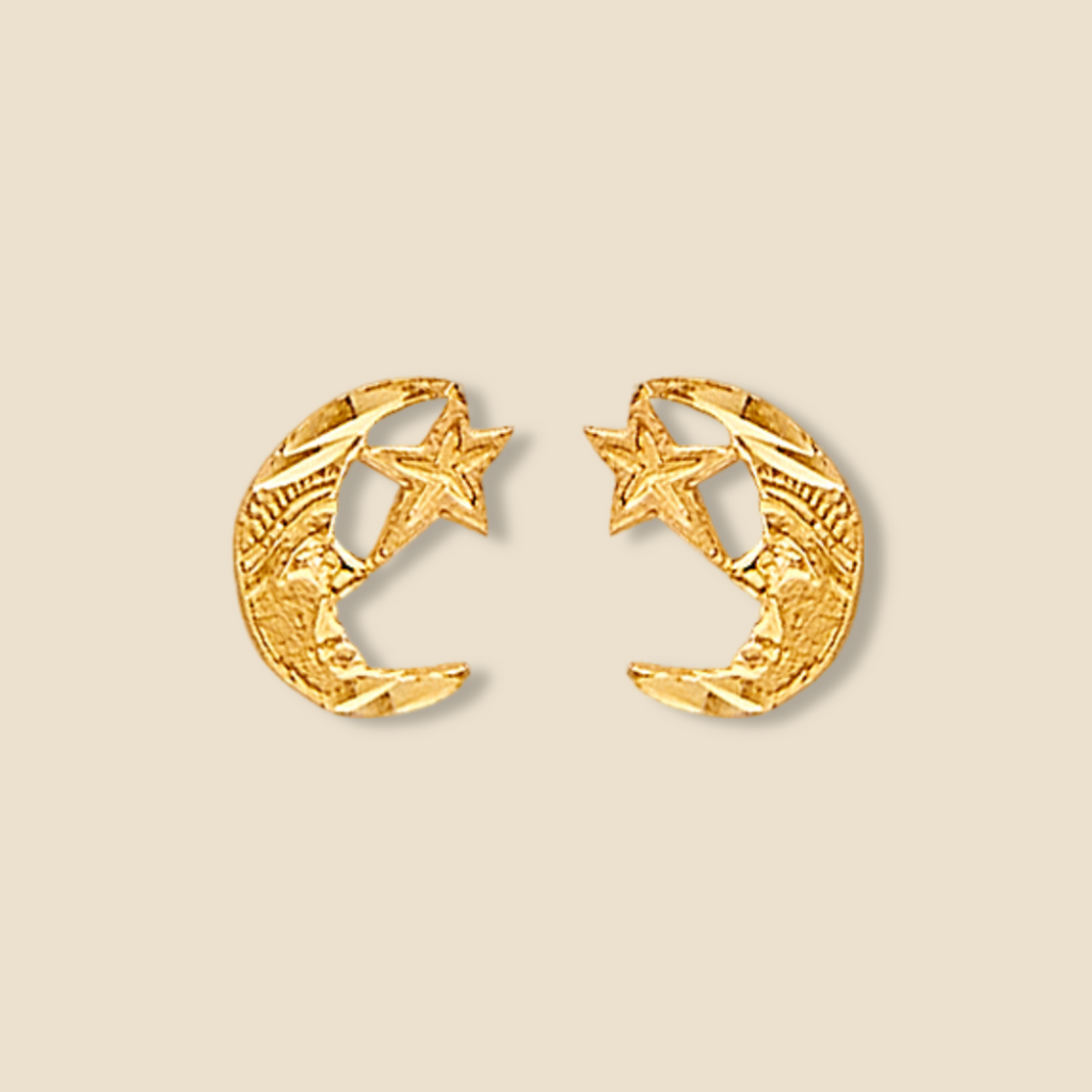 14K Solid Gold Moon & Star Push Back Earrings displayed on a plain background, highlighting their polished yellow gold finish and delicate celestial design.