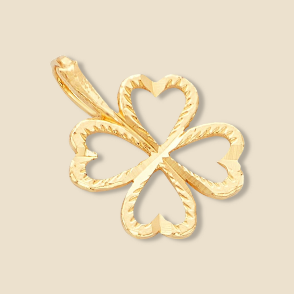 14K Gold Heart Clover Pendant displayed on a plain background, showcasing its delicate heart-shaped clover design and polished yellow gold finish.